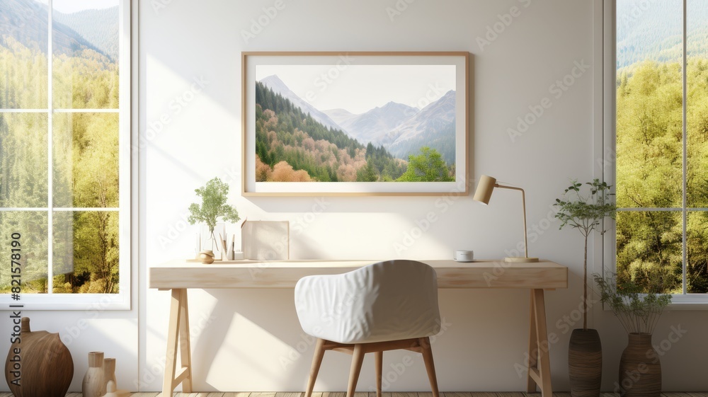Fototapeta premium Blank flyer on a desk in a bright, airy home office, natural light