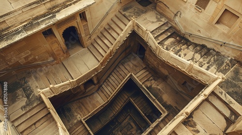 Photograph of Indian step well stairs in a historical building, view from above, beige color scheme photo