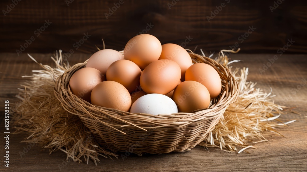 Freshly gathered eggs in a straw-lined basket, rustic setting, copy space, Freshly gathered eggs in a straw-lined basket, rustic setting, copy space,