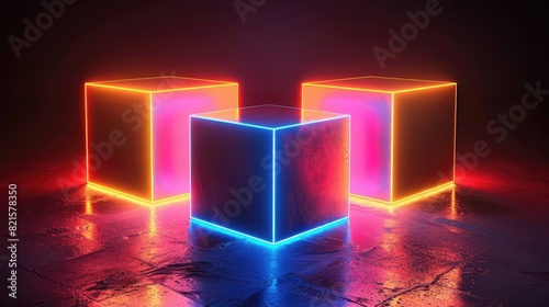 Three glowing cubes in a dark room.  © easybanana