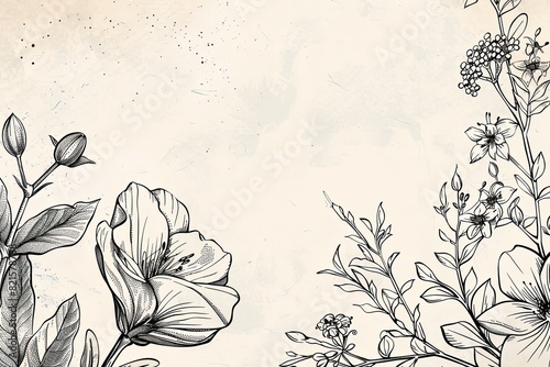 Clean background with botanical line drawings - summertime theme.