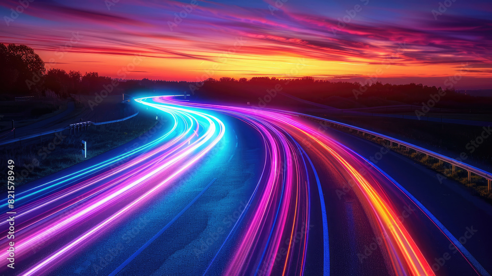 a long exposure of a winding road at night. 