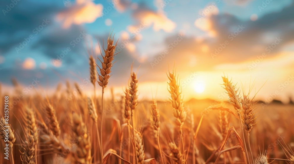 Close-up of a golden wheat field at sunset, dramatic clouds and blue sky in the background, warm lighting highlighting the textures, serene scene Close-up of a golden wheat field at sunset, dramatic clouds and blue sky in the background, warm lighting highlighting the textures, serene scene