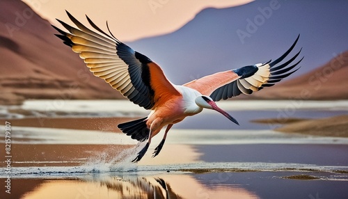 Crane silhouette soaring over a sunset lake Majestic crane in flight at dusk
Peaceful scene of a crane flying over water background