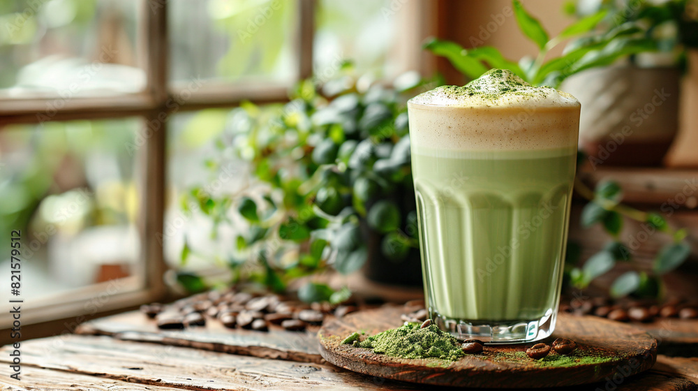 Delicious matcha latte with realistic texture in a glass tumbler in a minimalist modern coffee shop with beige tones and a mustard plant in the background, color green, copy space, natural light. Delicious matcha latte with realistic texture in a glass tumbler in a minimalist modern coffee shop with beige tones and a mustard plant in the background, color green, copy space, natural light.