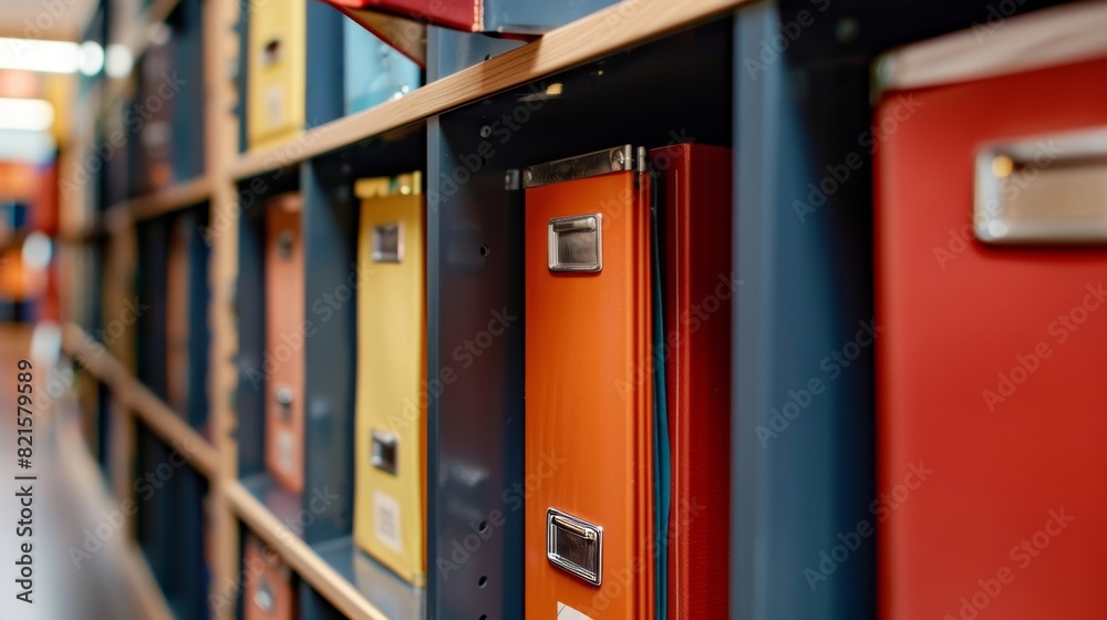 Close-up of archive system with neatly organized folders in lockers, ensuring easy access, isolated background, perfect for professional settings Close-up of archive system with neatly organized folders in lockers, ensuring easy access, isolated background, perfect for professional settings