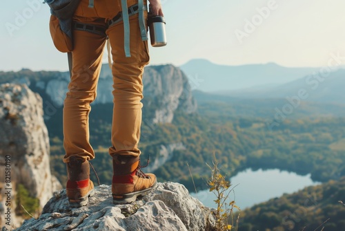 A man is standing on a mountain top with a backpack and a thermos generated by AI