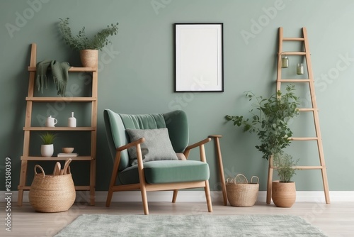 Cloudy Green composition of cozy living room interior, stylish armchair, wooden coffee table