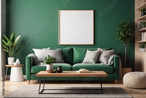 composition of stylish living room interior  blank poster frame  modular sofa  wooden coffee table