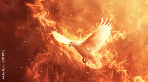 holy spirit white dove in fire flames digital illustration of spiritual concept photo