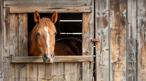 horse in stable brown horse looking out of wooden stall door rural farm scene