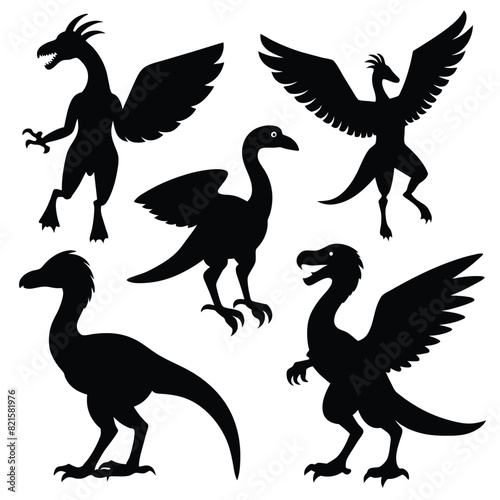 Set of Archaeopteryx black Silhouette Vector on a white background
