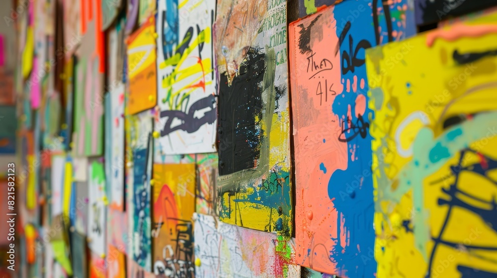 Fototapeta premium Dynamic bulletin board filled with colorful artwork and announcements, close-up shot representing a hub of creativity and artistic expression