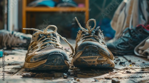 Dirty running shoes and post-workout gear on the floor, close-up view, showcasing the realistic aftermath of an intense exercise session © Paul