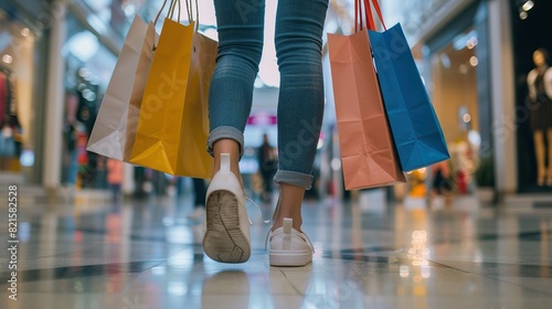 woman in jeans and shoes walking holding colorful shopping bags in mall
