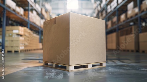 Detailed view of a large cardboard box placed on a pallet, warehouse shelves in the background, perfect for commercial advertising, studio lighting photo