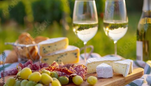 picnic with white wine served outside with cheese and charcutier