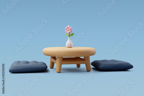 3d Vector Wooden table with Flower vase, Home and furniture concept.