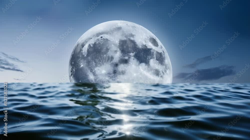 A breathtaking view of a full moon reflecting on calm ocean waves. The night sky is clear, dotted with stars, and the serene water enhances the ethereal beauty of the moon. A breathtaking view of a full moon reflecting on calm ocean waves. The night sky is clear, dotted with stars, and the serene water enhances the ethereal beauty of the moon.