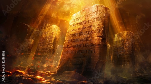 ancient stone tablets engraved with ten commandments divine law spiritual covenant exodus story dramatic lighting digital painting