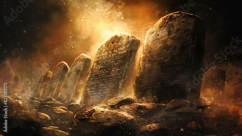 ancient stone tablets engraved with ten commandments divine law spiritual covenant exodus story dramatic lighting digital painting photo