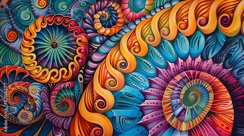 a colorful design with a spiral pattern background