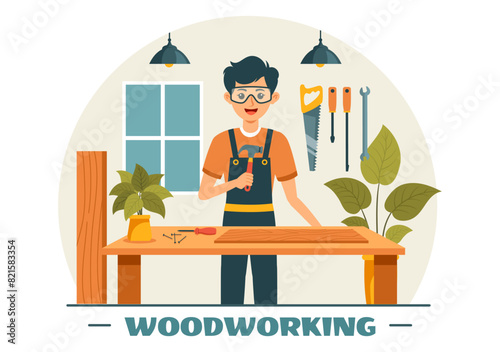 Woodworking Vector Illustration featuring Modern Craftsmen and Workers Producing Furniture Using Tools, Presented in a Flat Cartoon Style Background
