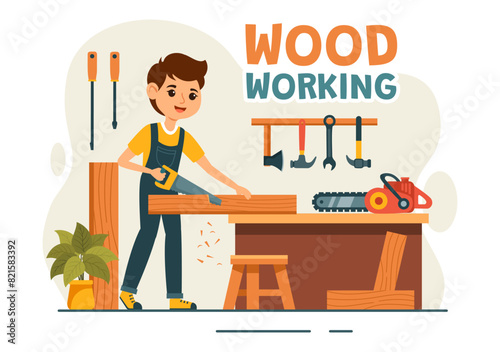 Woodworking Vector Illustration featuring Modern Craftsmen and Workers Producing Furniture Using Tools, Presented in a Flat Cartoon Style Background