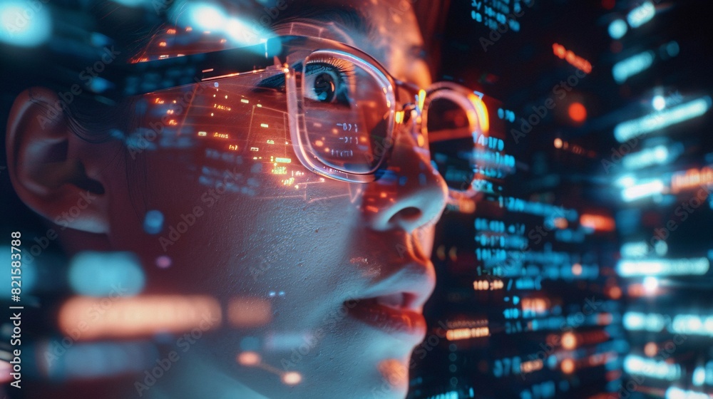 Software, coding hologram and woman on tablet thinking of data analytics, digital technology and night overlay. Programmer or IT person in glasses on 3d screen, programming and cybersecurity research Software, coding hologram and woman on tablet thinking of data analytics, digital technology and night overlay. Programmer or IT person in glasses on 3d screen, programming and cybersecurity research