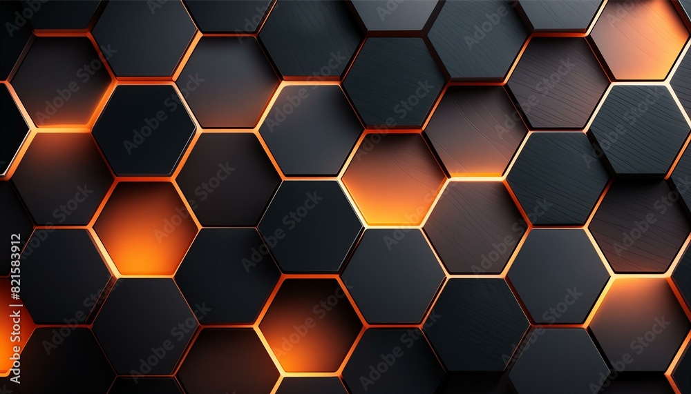 3d render Dark metal hexagon with orange beam background, illustration. Wallpaper, background with hexagons