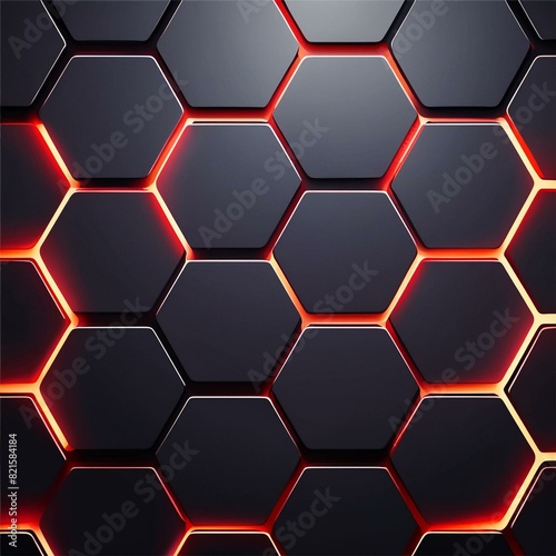 3d render Dark metal hexagon with red beam background, illustration. Wallpaper, background with honeycombs