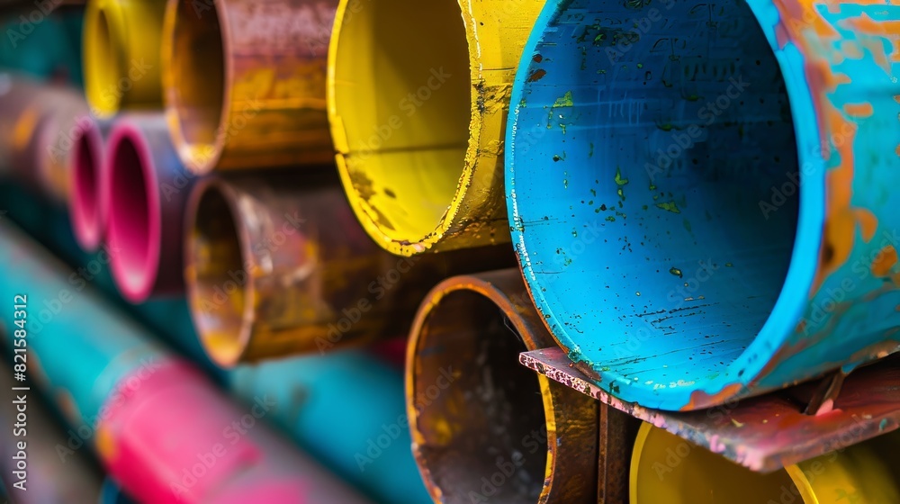 Close-up view of colorful steel pipes in a warehouse, highlighting the vibrant textures and stacked arrangement, perfect for industrial advertising Close-up view of colorful steel pipes in a warehouse, highlighting the vibrant textures and stacked arrangement, perfect for industrial advertising