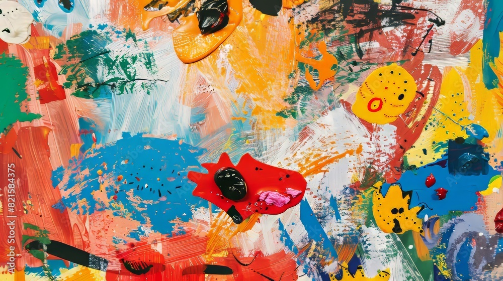 Obraz premium Close-up view of a kindergarten bulletin board filled with colorful and creative artwork, capturing the imaginative spirit of young children