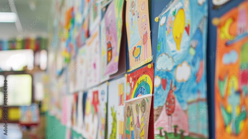 Close-up view of a kindergarten bulletin board filled with colorful and creative artwork, capturing the imaginative spirit of young children