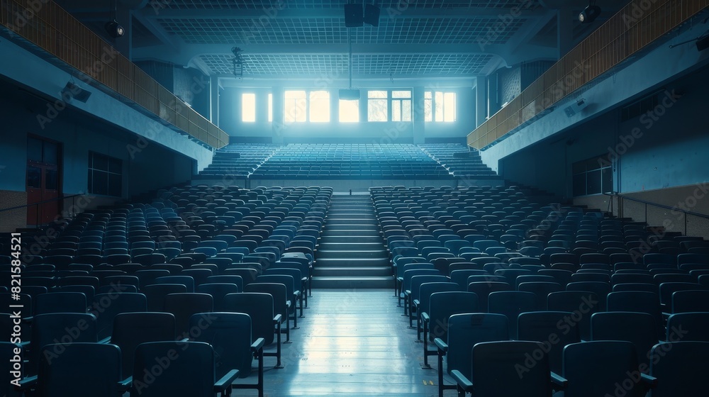 Fototapeta premium Close-up view of an empty school auditorium, neatly arranged seats and a spotless stage, ready for performances and assemblies, well-organized layout