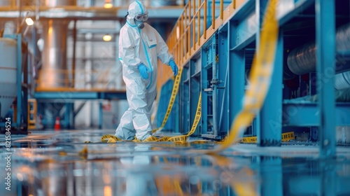 Scientist in protective gear investigates chemical spill with caution tape in closedoff area. Concept Chemical Spill Cleanup, Hazardous Materials, Safety Precautions, Contamination photo