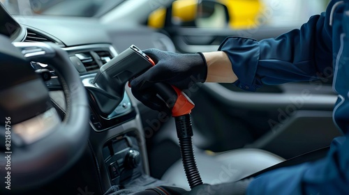 closeup of service workers hand cleaning car interior with vacuum cleaner auto detailing concept © furyon