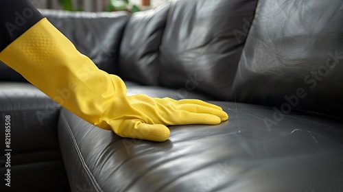 diligent womans hand in yellow rubber glove meticulously cleaning black leather sofa closeup photo