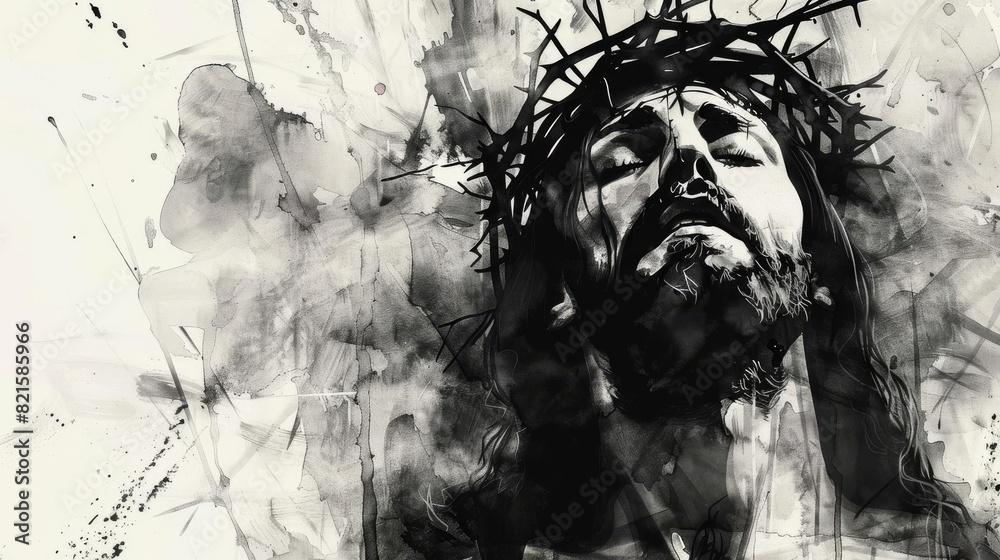 emotional black and white watercolor illustration of jesus christ with crown of thorns religious art emotional black and white watercolor illustration of jesus christ with crown of thorns religious art