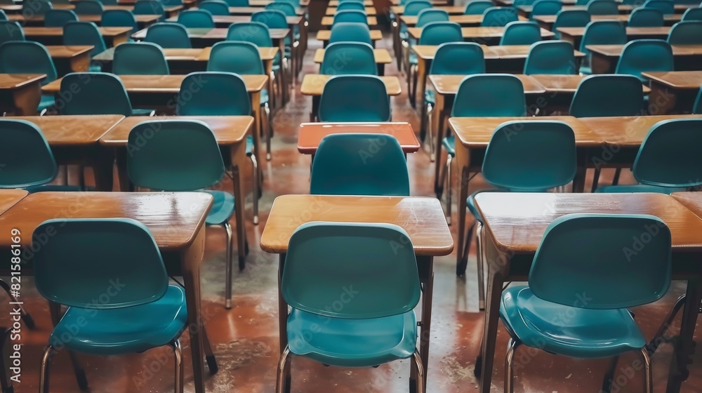 Naklejka premium Close-up of rows of desks and chairs in an empty classroom, arranged neatly, capturing the essence of back-to-school preparations, ideal for educational advertising