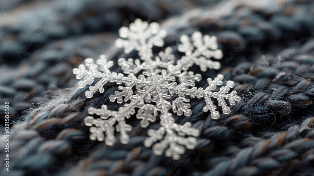 Detailed Macro of Silver Snowflake on Dark Yarn. Close-up view of a delicate silver snowflake resting on a dark knitted yarn, highlighting intricate details and textures. Detailed Macro of Silver Snowflake on Dark Yarn. Close-up view of a delicate silver snowflake resting on a dark knitted yarn, highlighting intricate details and textures.