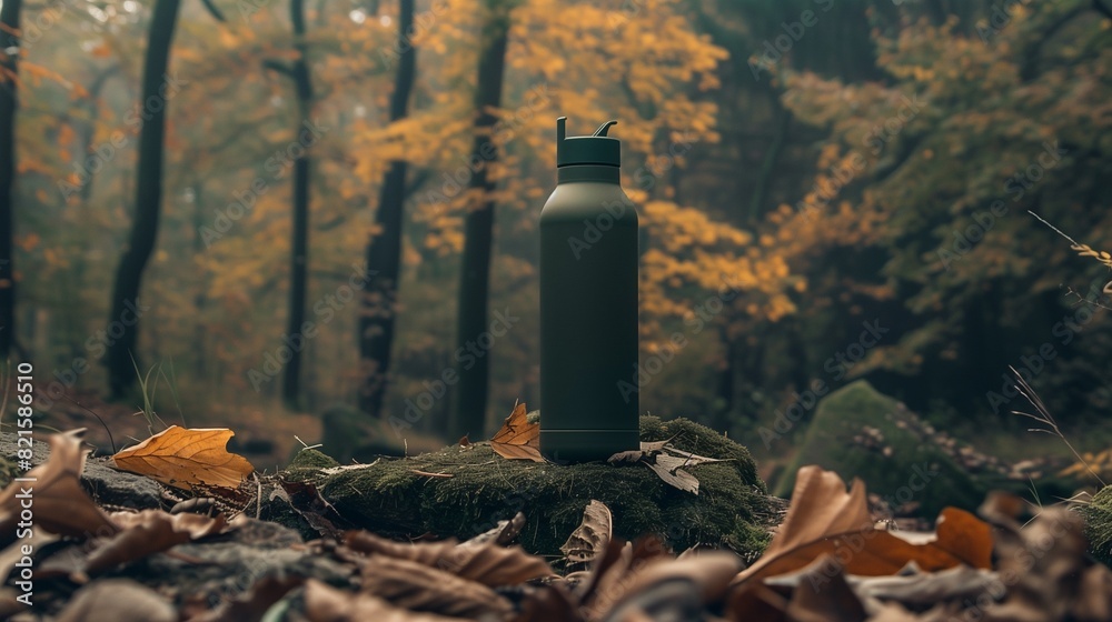 A forest green water bottle with a matte finish, its earthy color and understated design promoting a connection with nature.