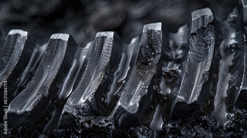 Lubricated Gear Teeth with Detailed Texture. Close-up of lubricated gear teeth, showcasing the fine details and texture of the metal surfaces under a layer of oil.