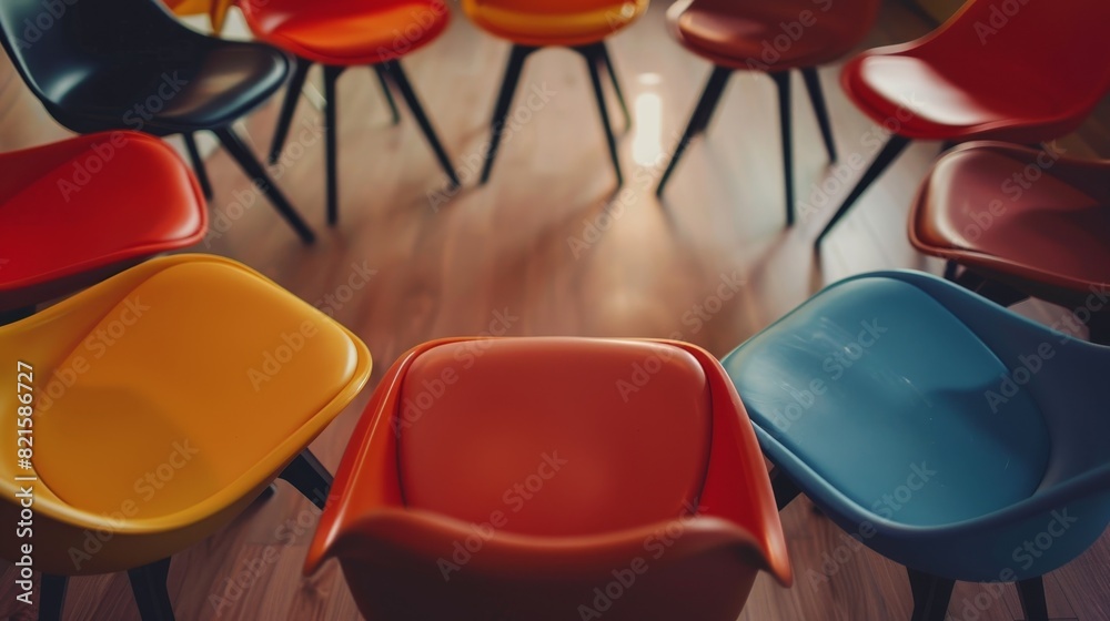 Naklejka premium Close-up of empty chairs set in a circle, symbolizing collaborative learning and group discussion spaces, perfect for brainstorm concepts