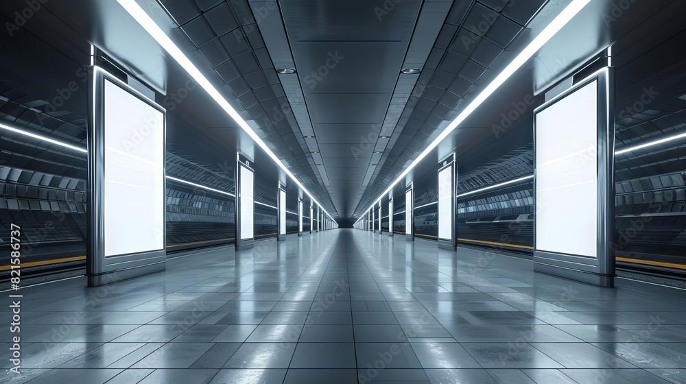 futuristic underground subway station with three vertical billboards mockups 3d rendering futuristic underground subway station with three vertical billboards mockups 3d rendering