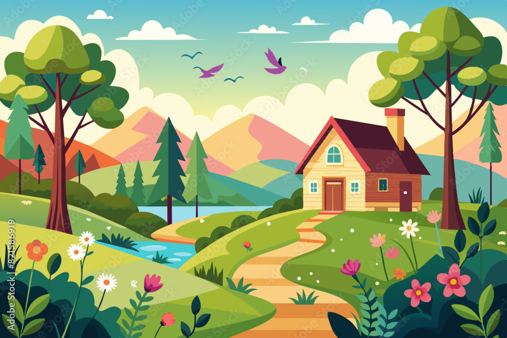 Vector illustration of spring countryside landscape with house, trees, and birds Vector illustration of spring countryside landscape with house, trees, and birds