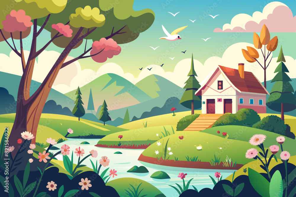 Vector illustration of spring countryside landscape with house, trees, and birds 