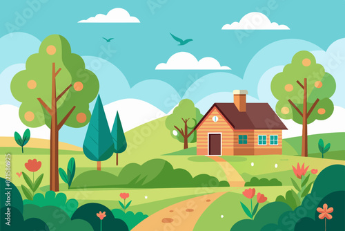 Vector illustration of spring countryside landscape with house  trees  and birds 