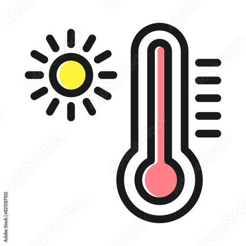 Hot temperature icon vector. thermometer with sun icon.