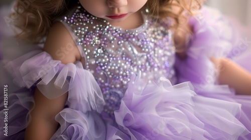 A lavender baby dress with layers of tulle and a sequined bodice, the fairy-tale design and sparkling elements fit for a little princess photo